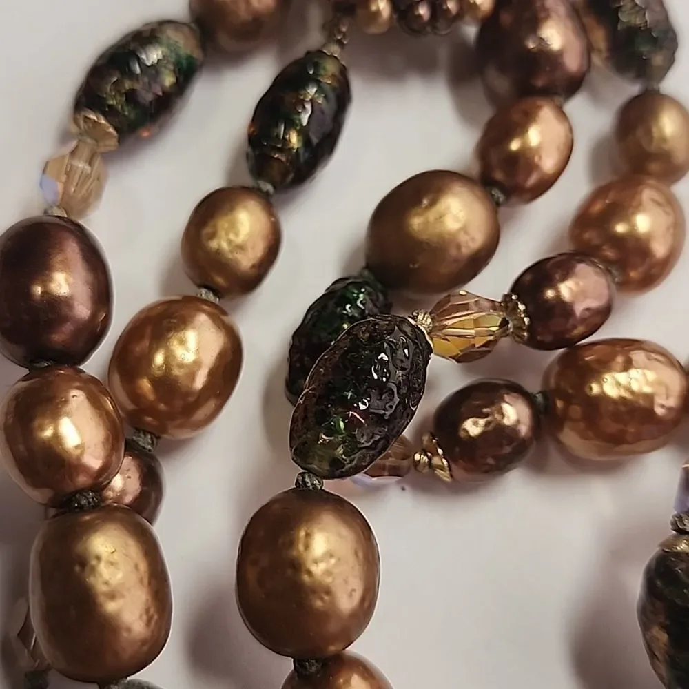 Vintage Gold and Brown Beaded Necklace Cool Glass Beads - Picture 4 of 8